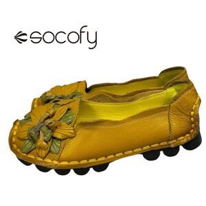 Socofy Women's Yellow Green Leather Floral Slip-on Flats 250
